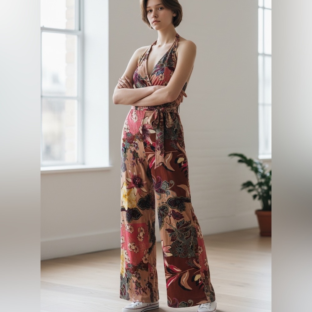 Veronica M Floral Halter Wide-Leg Jumpsuit in Rust Multi